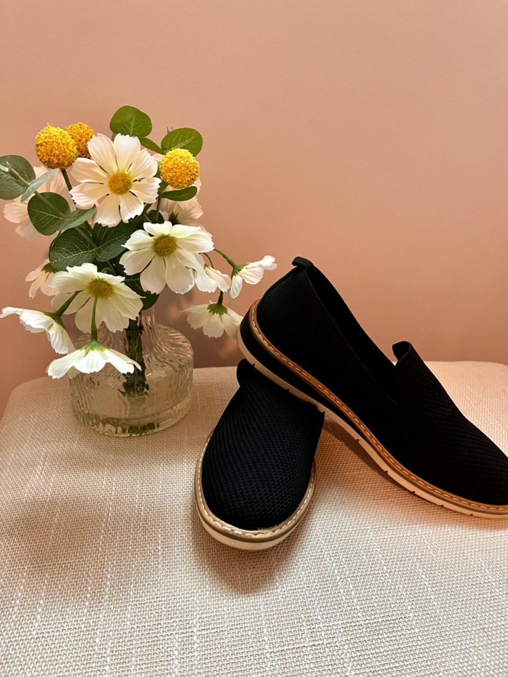 Taryn Rose Black Knit Slip-On Loafers with Tan Contrast Sole